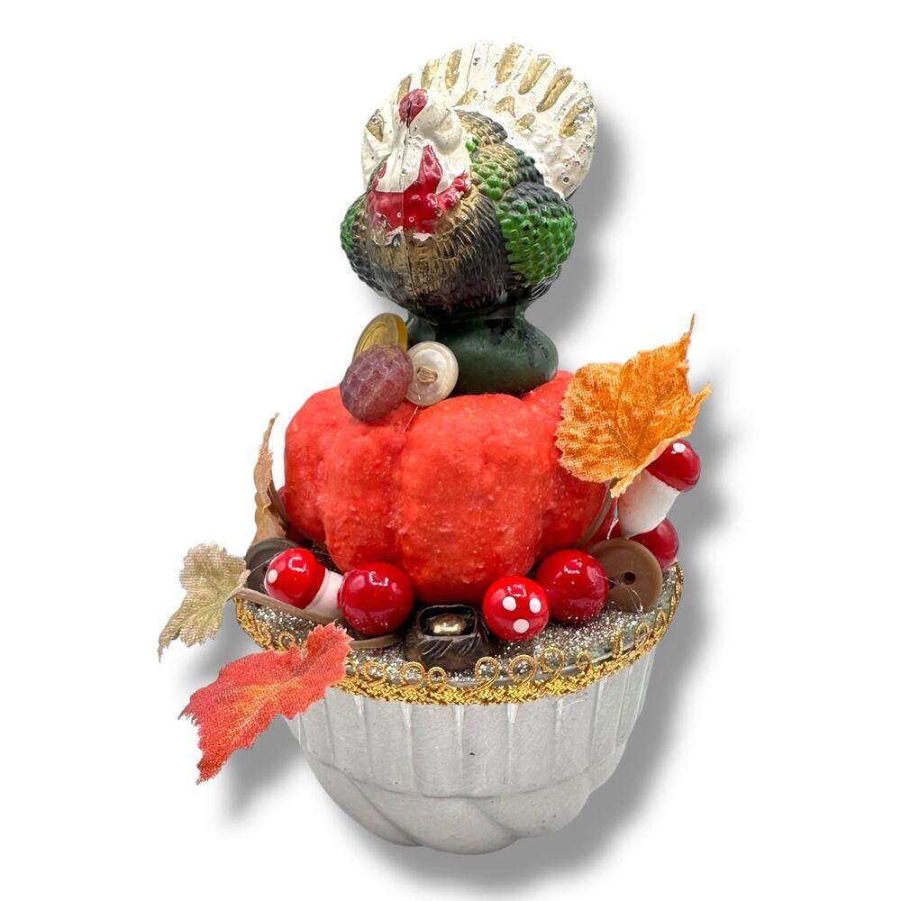 Kitschy Thanksgiving Fall Assemblage tin tart pan Blowmold Turkey